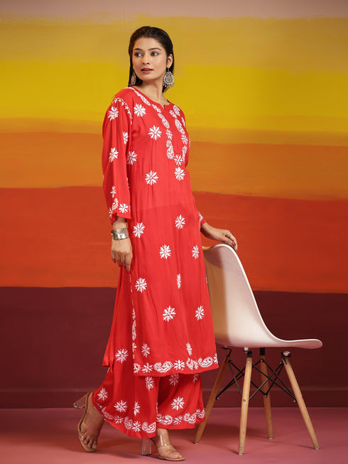 Samma Chikankari CO-ORD Set In Modal Cotton for Women In RED